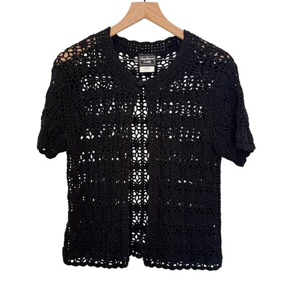 Vintage Southern Lady Crochet Cardigan Women’s Large Black Scalloped Detail - Picture 9 of 10